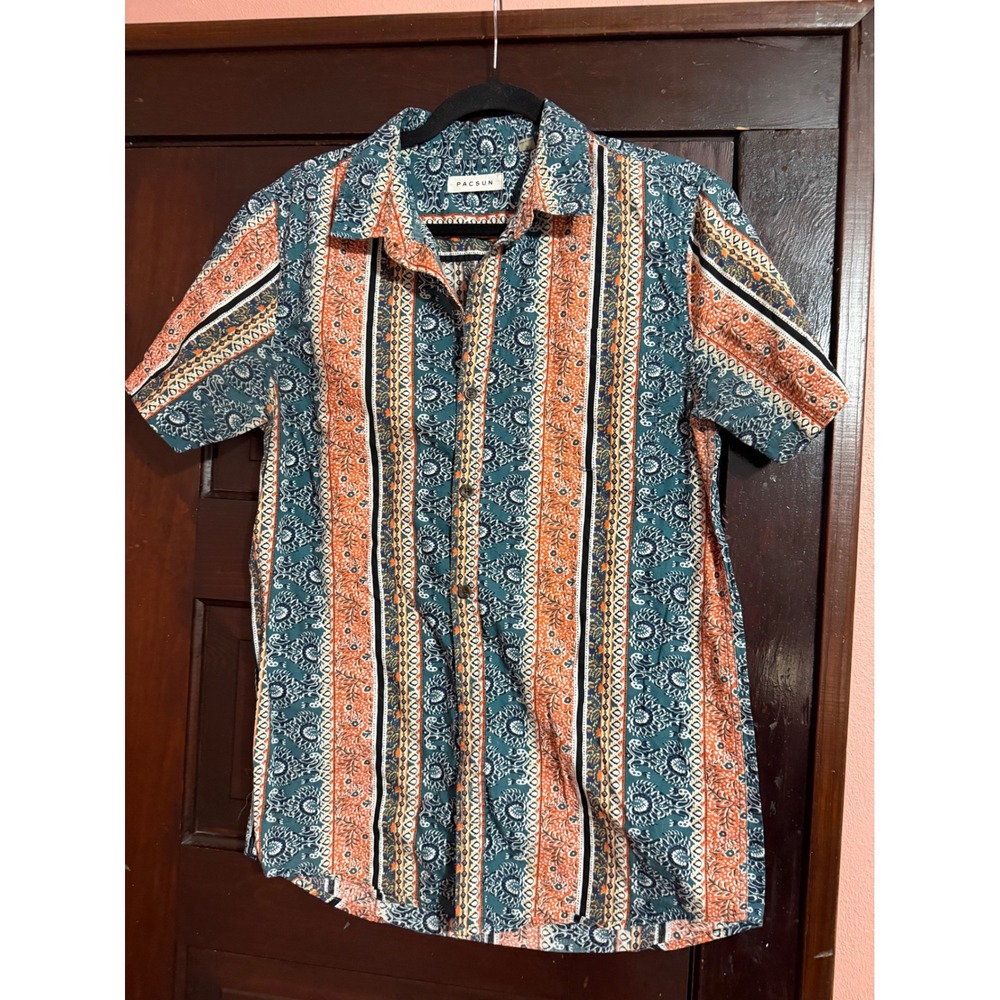PacSun Mens Small Short Sleeve Button Down Shirt Teal Orange Paisley Stripe